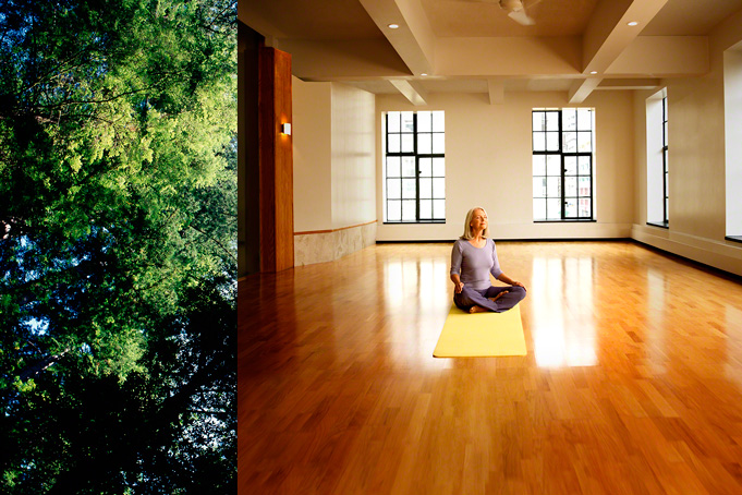 advertising photo 60+ woman practicing yoga, in lotus position, yoga studio interior
