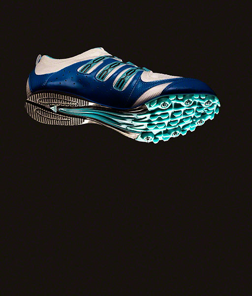 product photo, poster, blue two toned adidas track shoe, fashion, still life