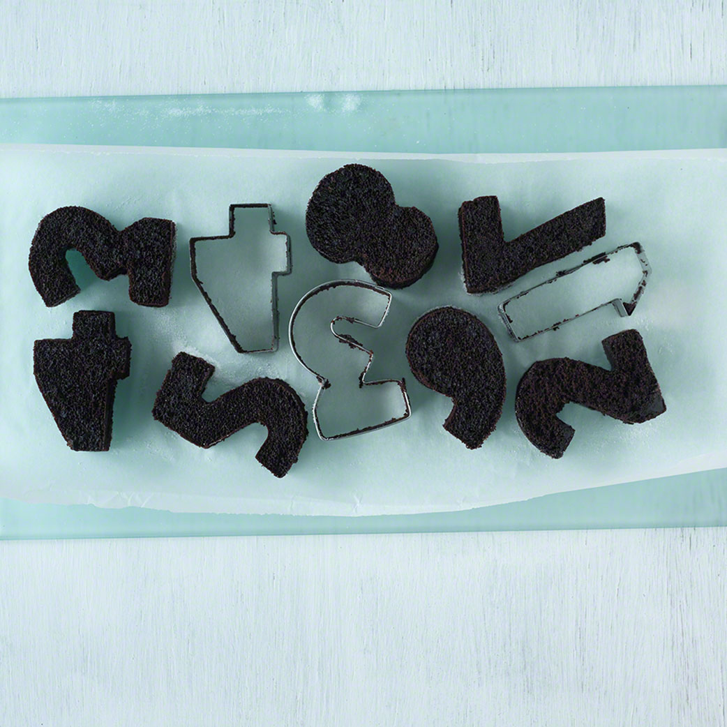 overhead shot of baking molds numbers, graphic food photo, editorial