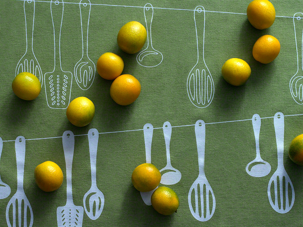 overhead food still life of kumquats on graphic background, editorial
