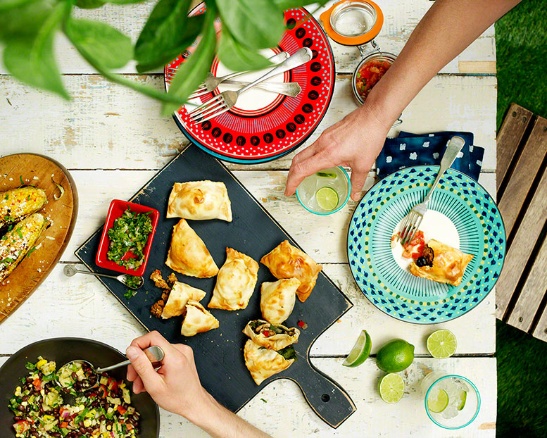 outdoor inspired dinner, overhead shot, editorial, food photography