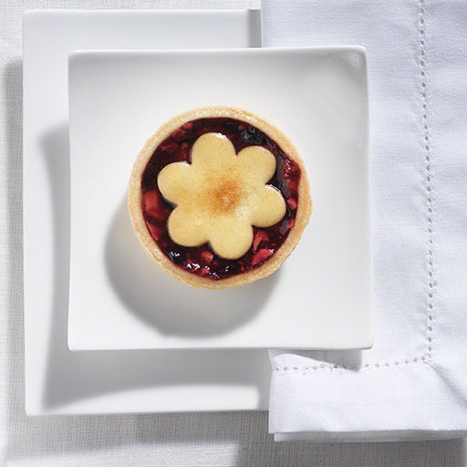 overhead raspberry tart on white texture background, editorial