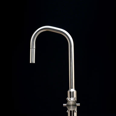 housewares, graphic product shot of modern stainless steel faucet on black background, studio