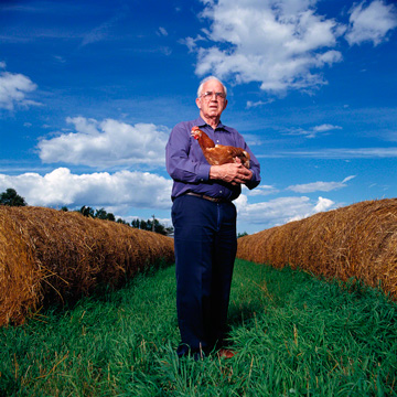 egg farmer holding a red chicken while standing in hay field, rural Ontario, editorial